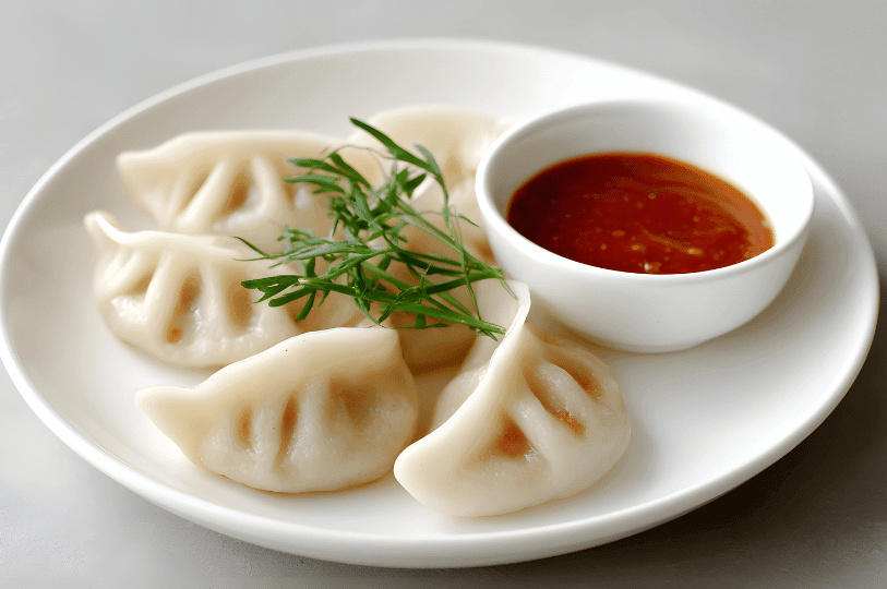 A white plate of six steamed dumplings with pleated edges encircles a bowl of reddish-brown dipping sauce, garnished with fresh herbs—evoking the global journey of dumplings from Chinese kitchens to Polish tables.