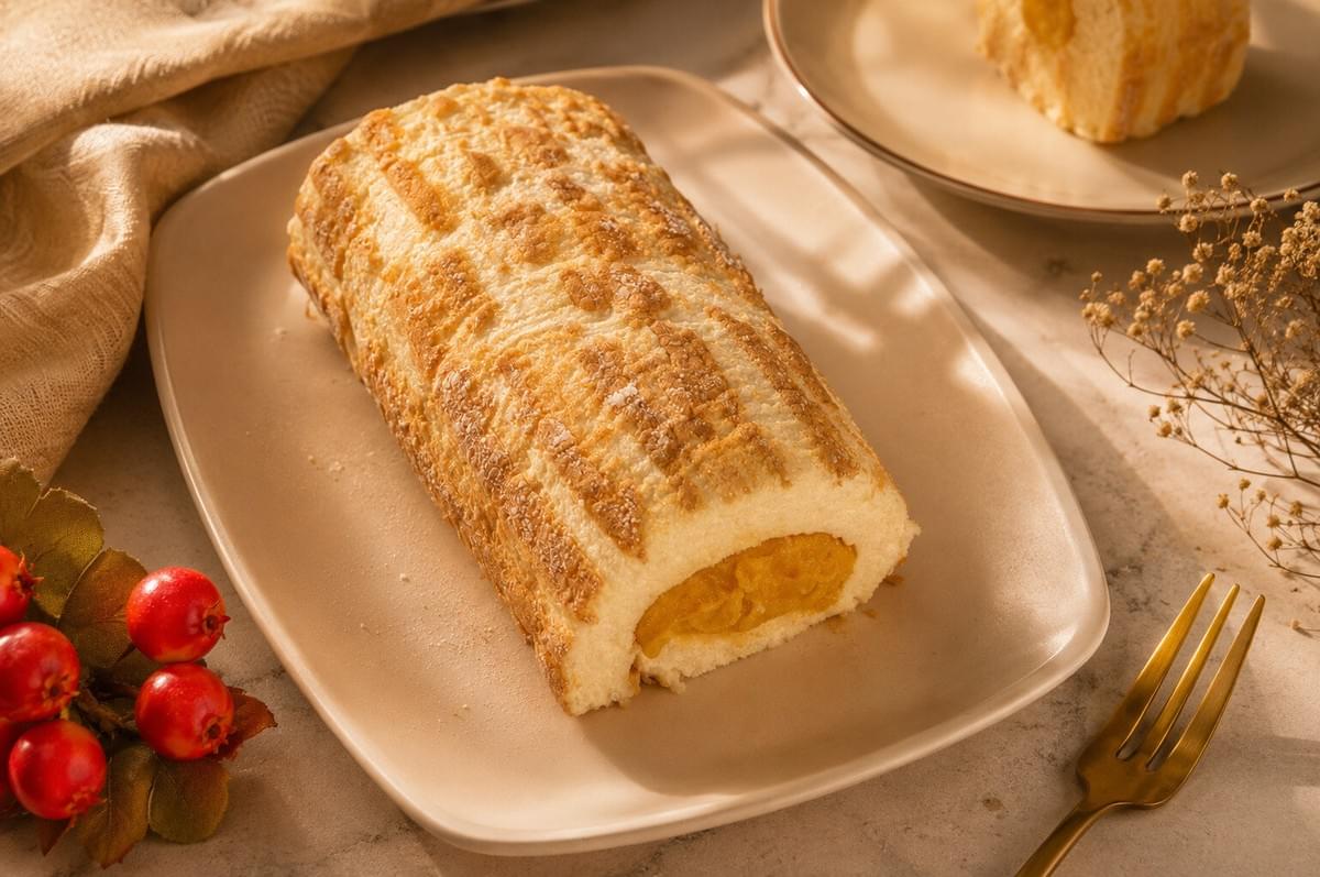 A whole Brazo de Mercedes meringue roll on an oblong plate, showing its lightly browned, ridged crust and thick yellow custard filling at the exposed end.