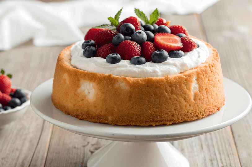 A golden sponge cake crowned with whipped cream, fresh berries, and mint leaves sits on a white pedestal atop a rustic wooden table—radiating summery elegance and inviting indulgence.