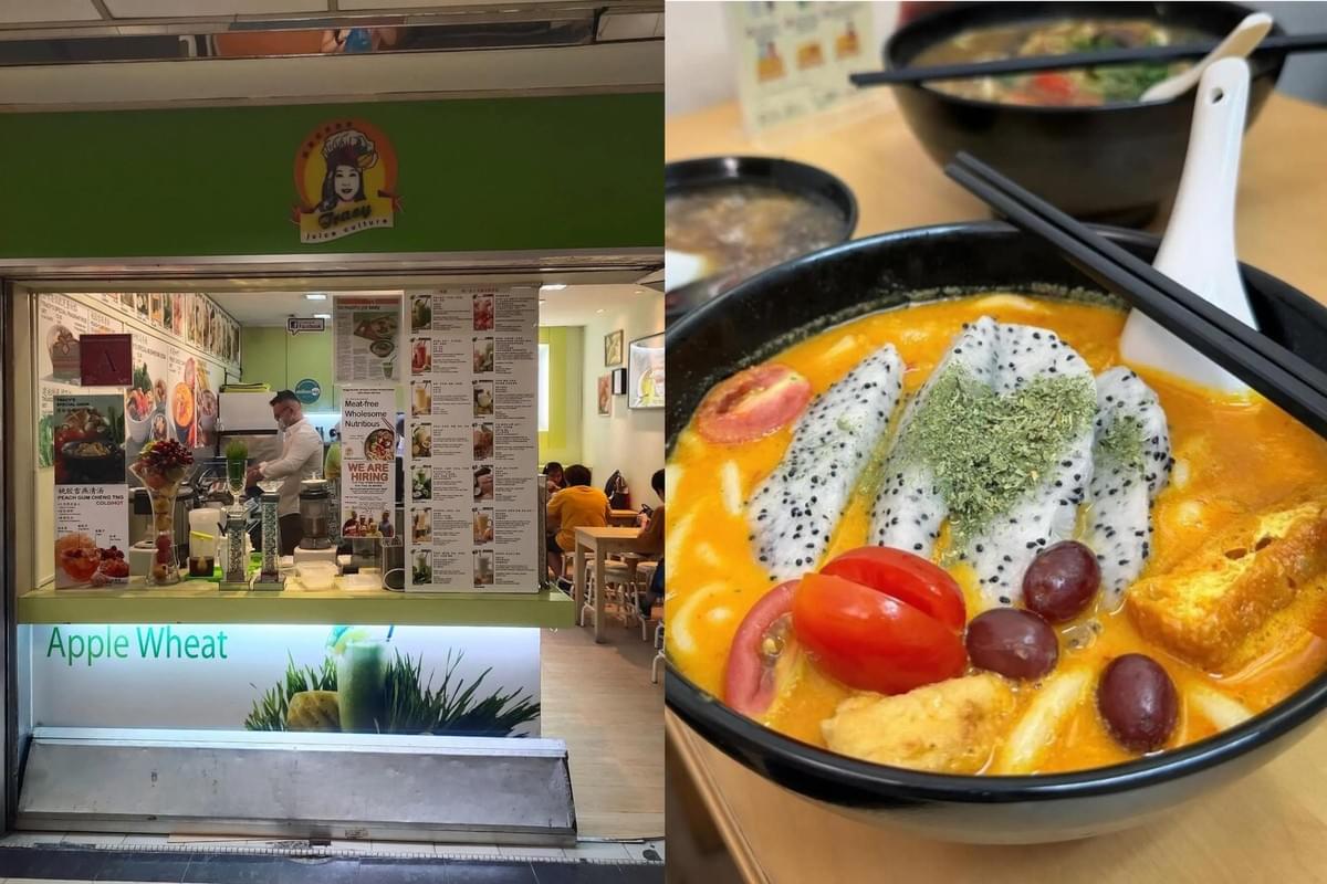 A split-screen image shows the storefront of Tracy Juice Culture, a vibrant food stall featuring a menu of health-focused items and an "Apple Wheat" sign. On the right, a close-up reveals a unique bowl of orange-broth noodle soup topped with fresh dragon fruit slices, tomatoes, grapes, and tofu puffs, accompanied by chopsticks.