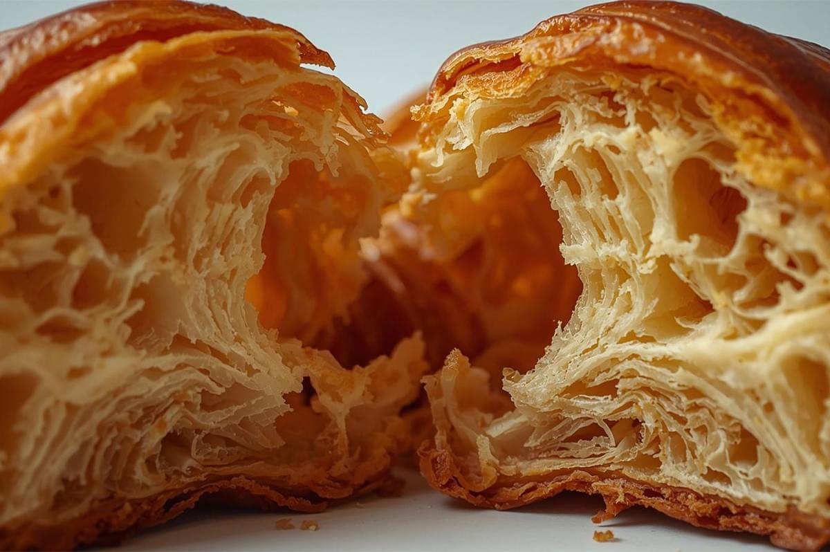 Extreme close-up of a golden-brown croissant split open, revealing the intricate, airy, honeycomb structure of its flaky, layered interior, showing proper lamination.