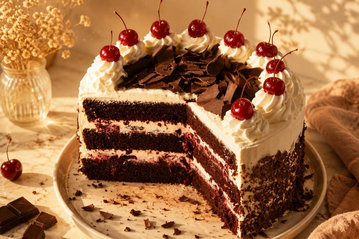 A sliced Black Forest cake revealing three layers of chocolate sponge, whipped cream, and cherry filling, decorated with dark chocolate curls, cream rosettes, and fresh cherries on top.