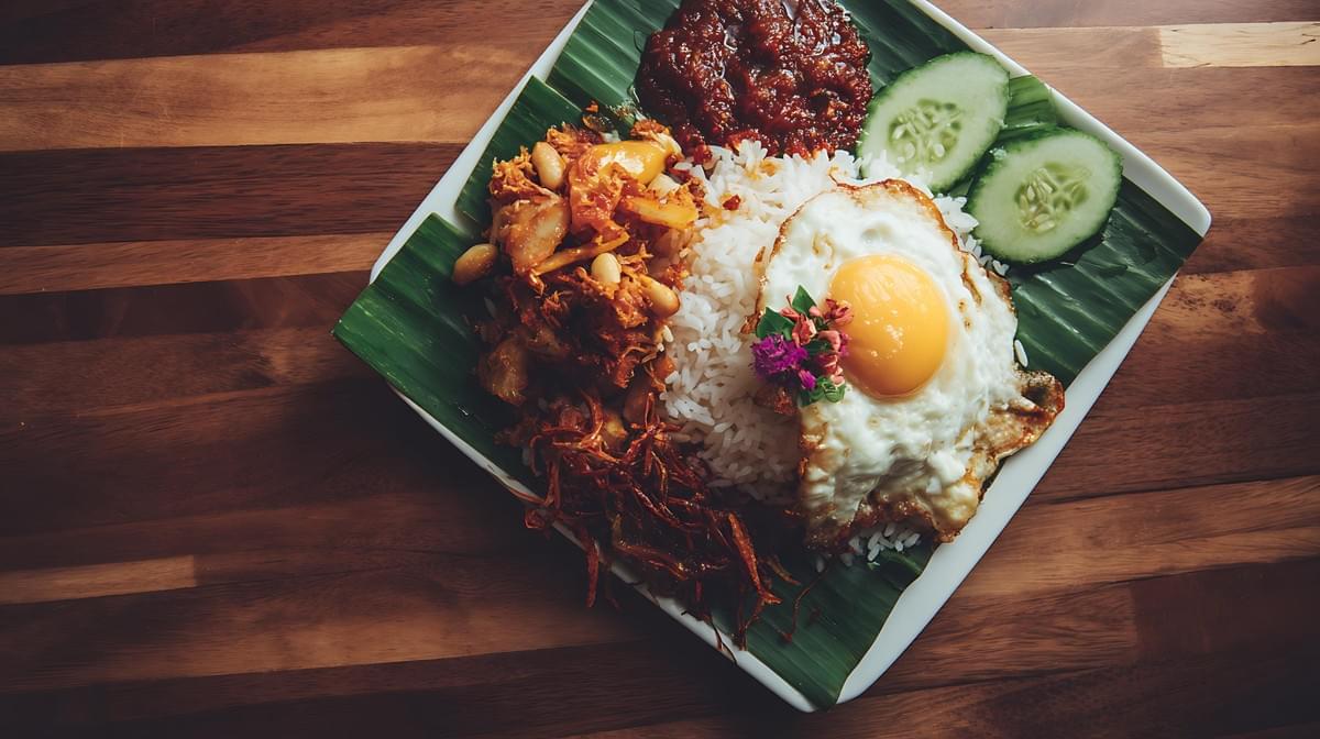 This Southeast Asian rice dish is presented on a vibrant green banana leaf and features a central portion of white rice topped with a sunny-side-up fried egg.