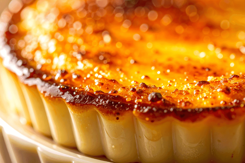 Extreme macro shot of a crème brûlée edge, showcasing the contrast between the dark, brittle burnt sugar crust and the creamy custard base in a fluted ramekin.