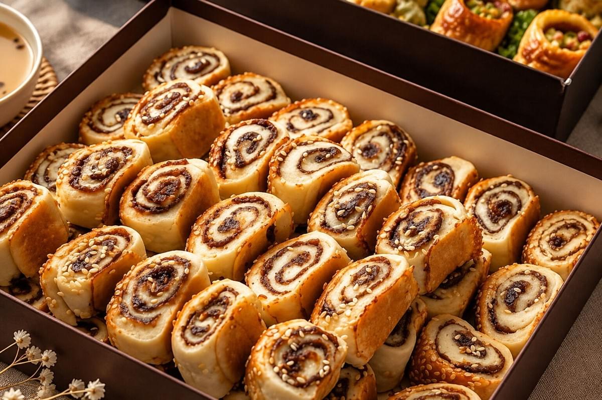 Gift box neatly packed with rows of sesame-topped date roll cookies.