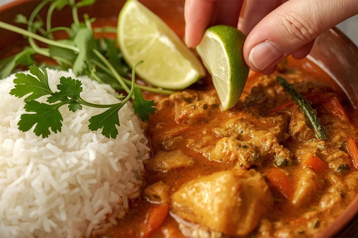 Close-up of a hand squeezing a wedge of fresh lime over a bowl of Massaman curry served alongside fluffy white rice and fresh cilantro garnish.