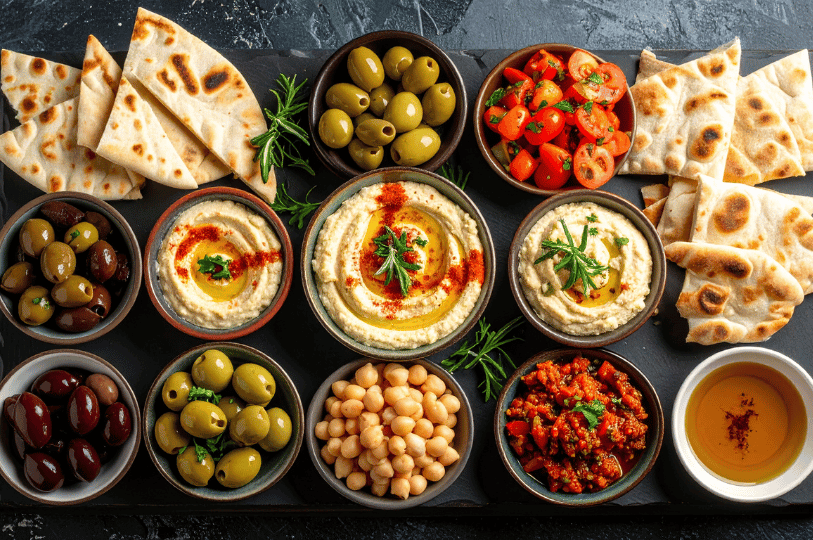 A dark slate board filled with an array of small plates including three varieties of hummus, spicy tomato salad, plain chickpeas, various olives, and toasted pita, capturing the "abundance" of a traditional Middle Eastern table.
