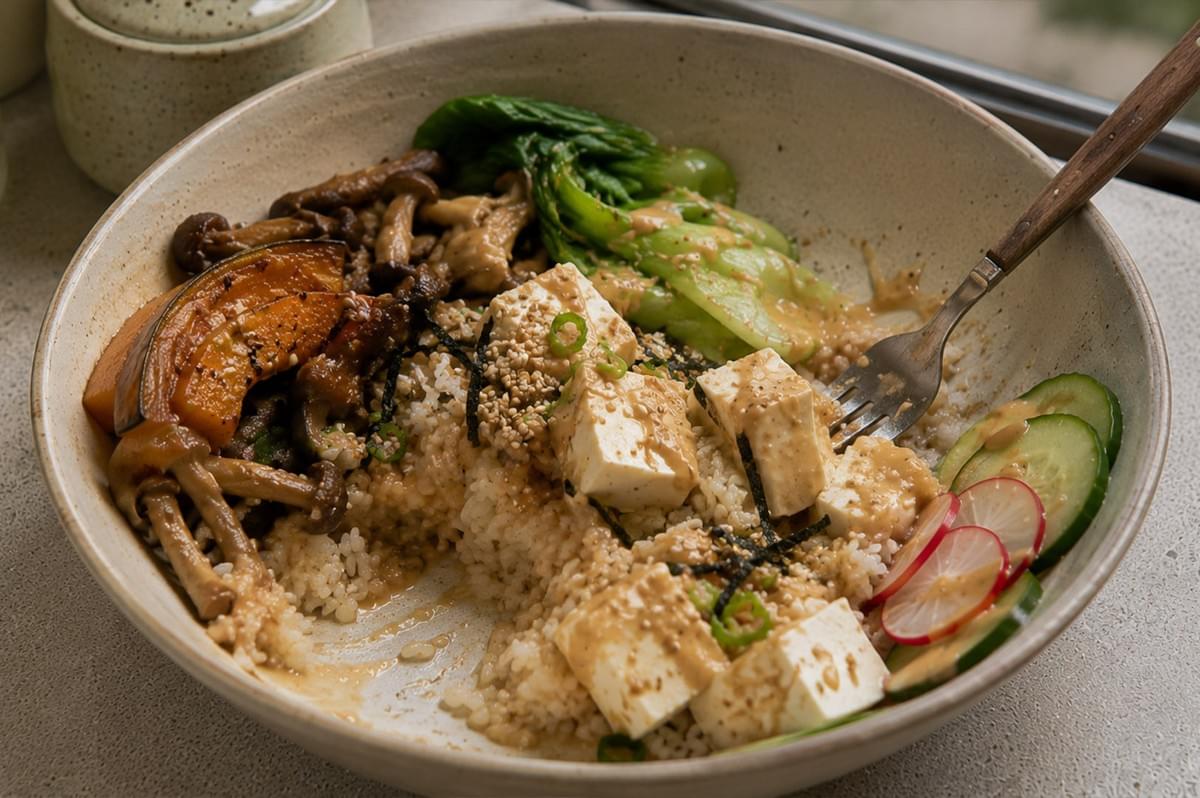 A close-up, high-angle shot focusing on the textured contents of a vegetarian Japanese rice bowl as it is being eaten. A metal fork is digging into the bowl, revealing the mixture of rice, tender tofu cubes, savory roasted pumpkin, and sautéed mushrooms, all coated in a rich sesame dressing. The bowl is garnished with green onions and sesame seeds, capturing the appetizing and wholesome nature of the meal as the textures and colors of the fresh ingredients are clearly visible.