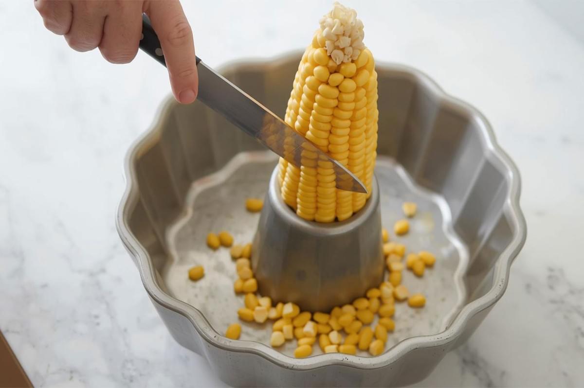 A hand using a knife to slice kernels off a vertical corn cob, which is stabilized in the center tube of a Bundt pan to catch the falling kernels.
