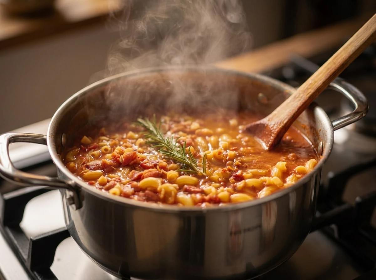 Steaming pot of rich pasta e fagioli soup simmering on a stovetop with a wooden spoon and rosemary sprig.