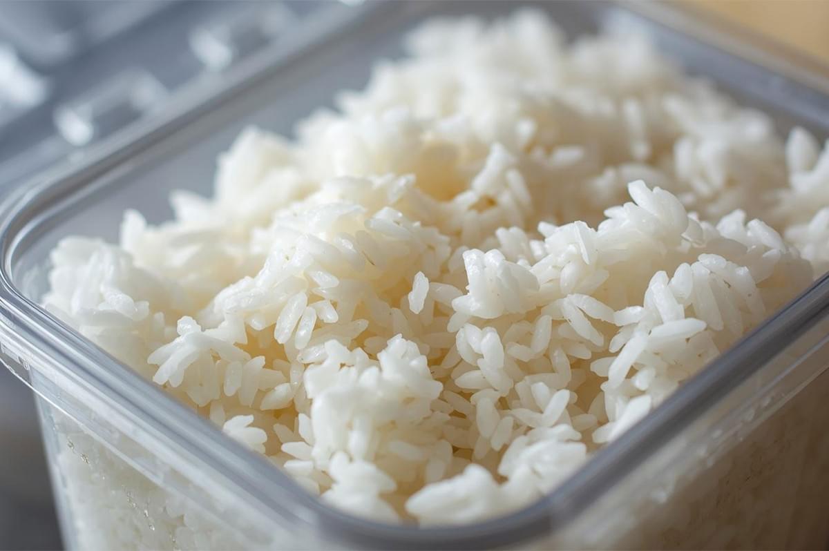 Close-up of fluffy, freshly cooked white long-grain rice stored inside a clear, square plastic food storage container.
