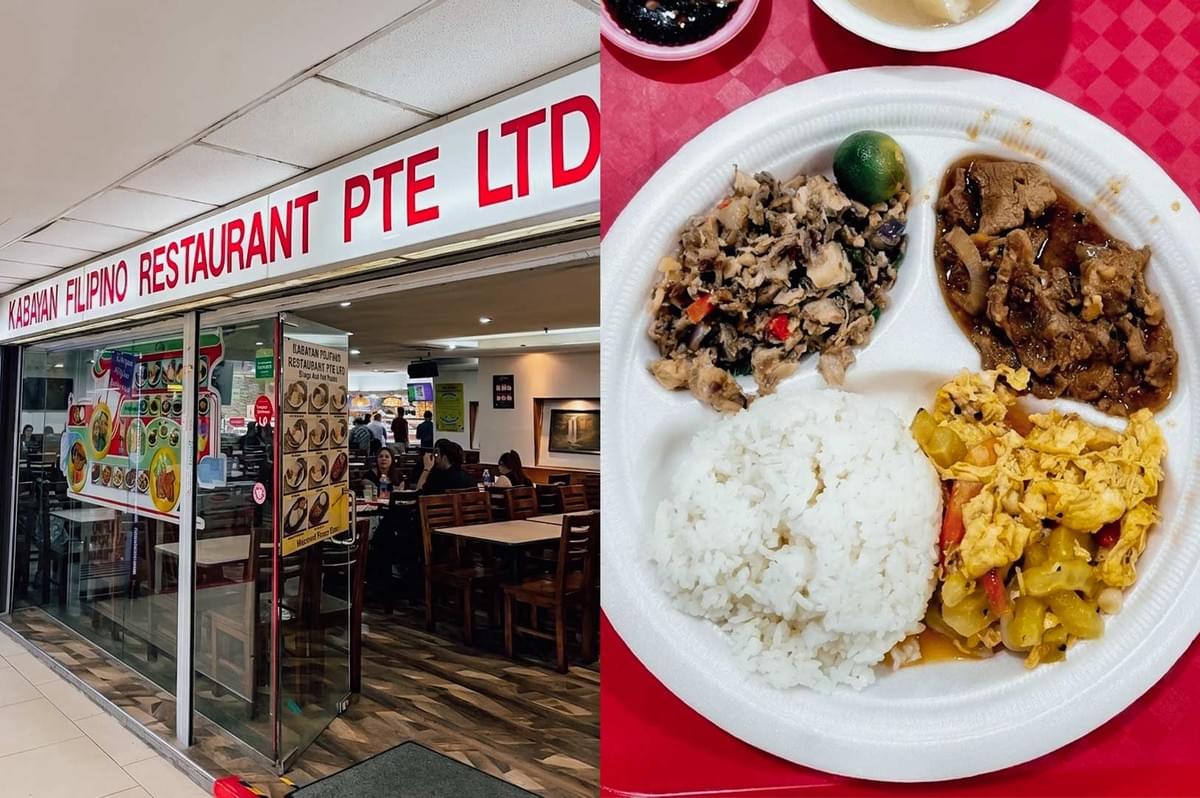 A two-panel collage highlighting Kabayan Filipino Restaurant: the left panel shows the restaurant's entrance with bright red signage reading "KABAYAN FILIPINO RESTAURANT PTE LTD" above glass doors leading to the dining area; the right panel shows a top-down view of a divided styrofoam plate featuring white rice accompanied by Filipino dishes, including sisig with calamansi, beef steak (bistek), and sautéed vegetables with egg.