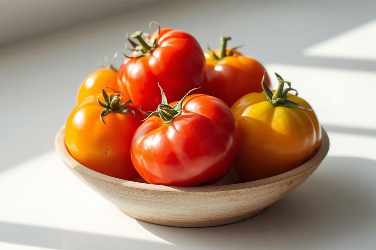 A wooden bowl filled with a mix of large, ripe red and golden-yellow beefsteak tomatoes, beautifully lit by natural sunlight, ready for cooking or slicing. 