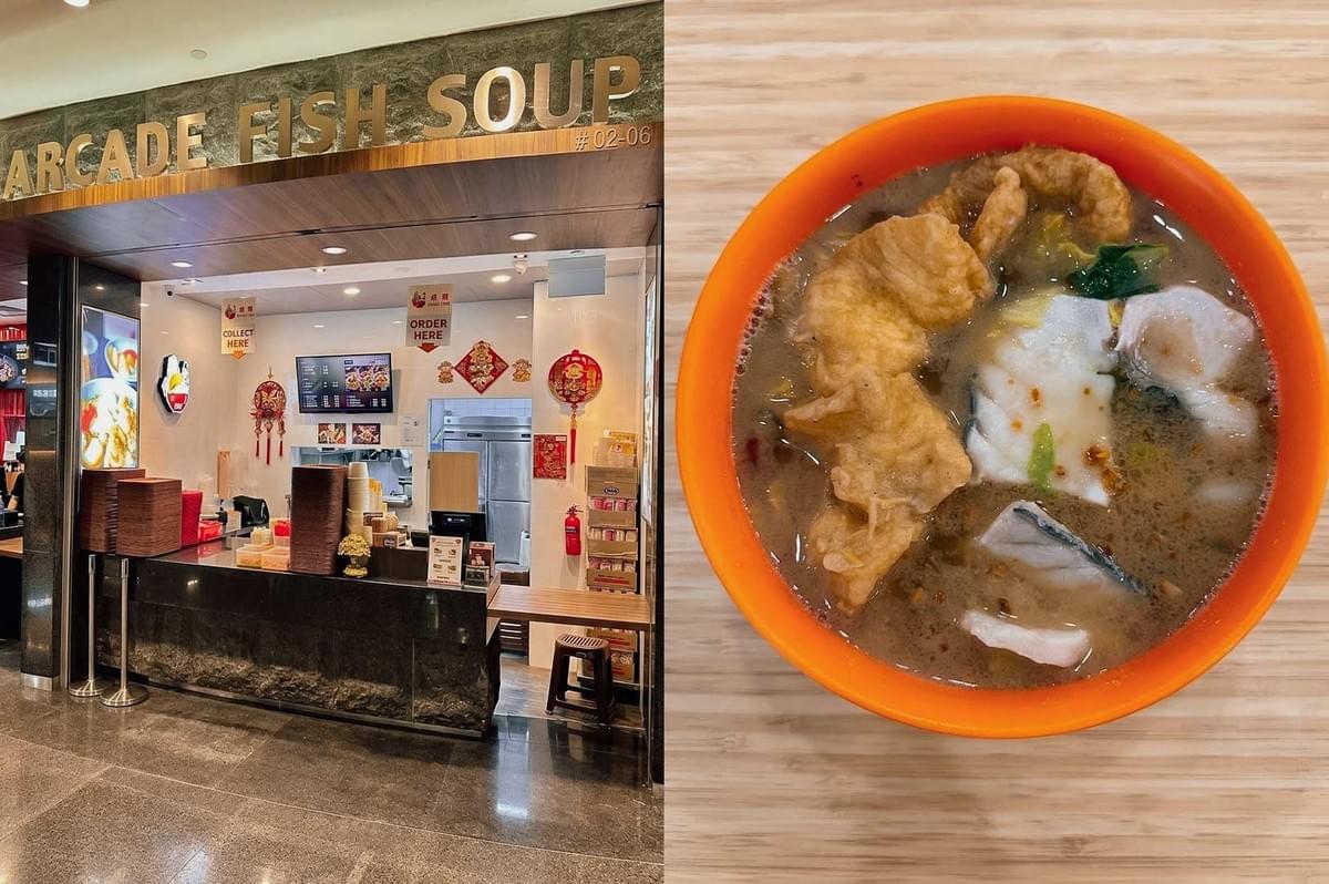 Left Panel: A modern, clean storefront featuring large wooden signage reading "ARCADE FISH SOUP #02-06" above a dark counter with clearly marked "COLLECT HERE" and "ORDER HERE" signs, accented by red traditional ornaments. Right Panel: A top-down close-up shot of a bright orange bowl filled with rich, savory broth, packed with pieces of golden fried fish, tender sliced white fish fillets, and leafy green vegetables.