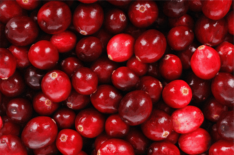 A dense, top-down background texture of numerous whole, glossy cranberries in varying shades of crimson and deep red.