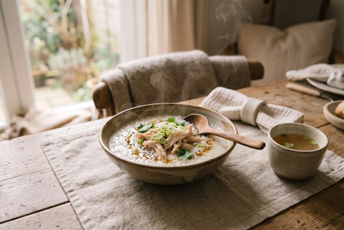 Steaming bowl of chicken rice porridge topped with scallions and sesame seeds on a wooden table.
