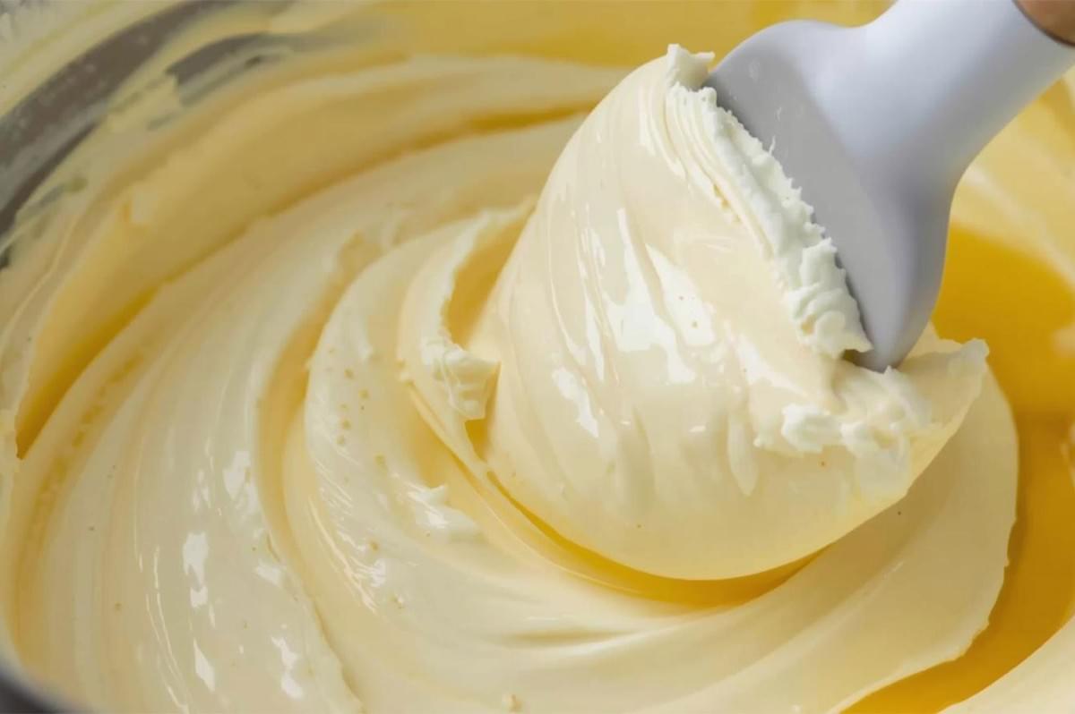 Extreme close-up of a thick, pale yellow, creamy mixture (likely a mascarpone or custard base) being swirled and folded with a white rubber spatula.