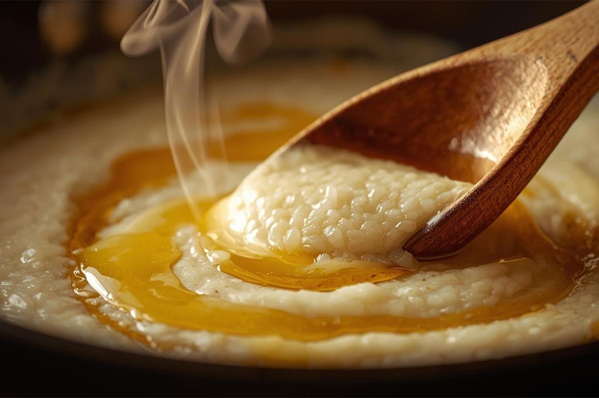 A wooden spoon stirring a hot, creamy rice dish drizzled with golden honey, with visible steam rising from the bowl.