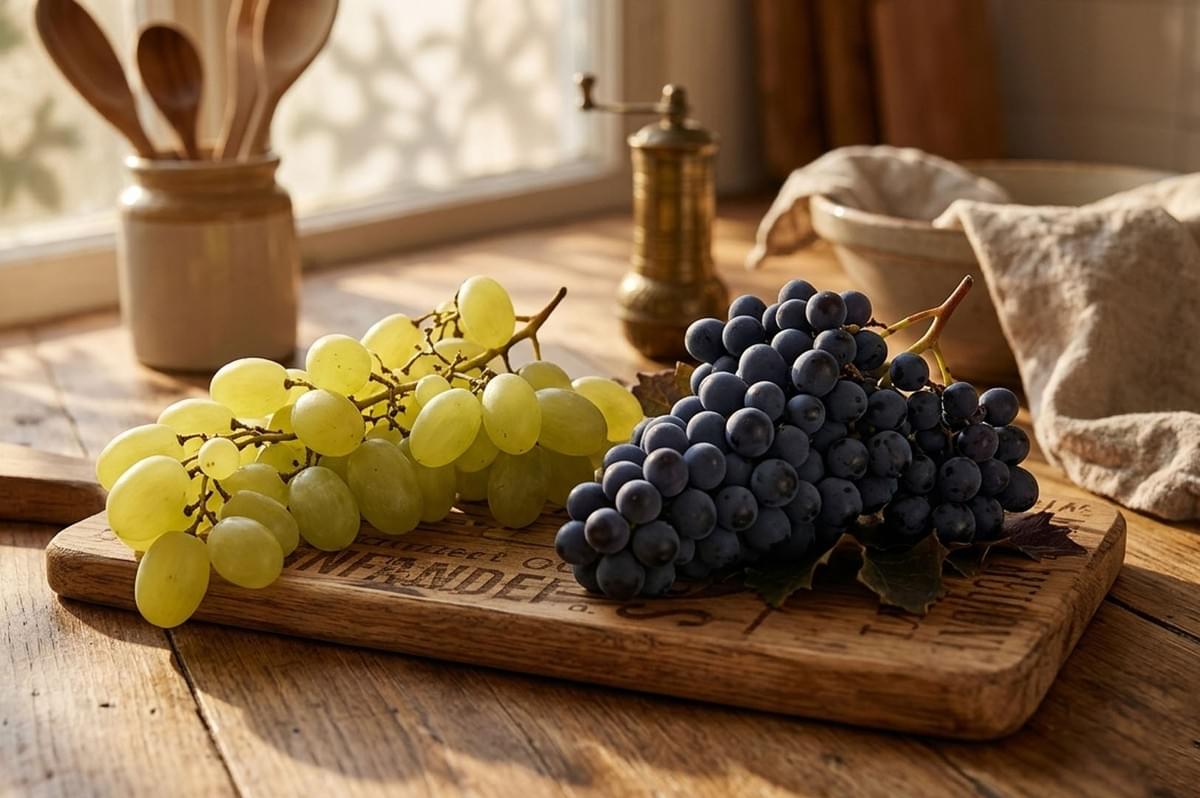 Green and purple grapes arranged on wooden cutting board in rustic kitchen setting with natural lighting