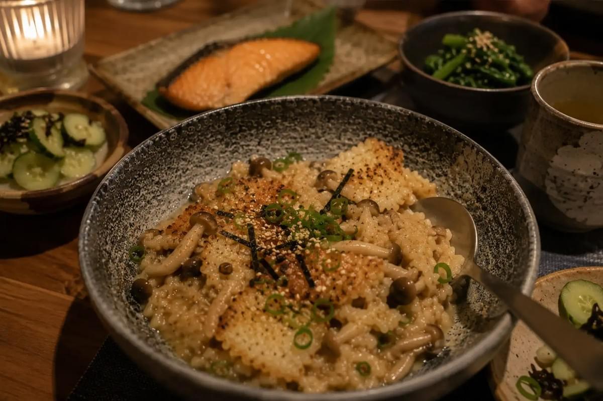 An intimate, dimly lit dining scene focusing on a textured grey bowl of creamy rice and shimeji mushrooms topped with golden toasted rice cakes, garnished with scallions and furikake, set on a wooden table alongside traditional Japanese side dishes including a grilled salmon fillet, pickled cucumbers, greens, and a ceramic teacup under warm candlelight.
