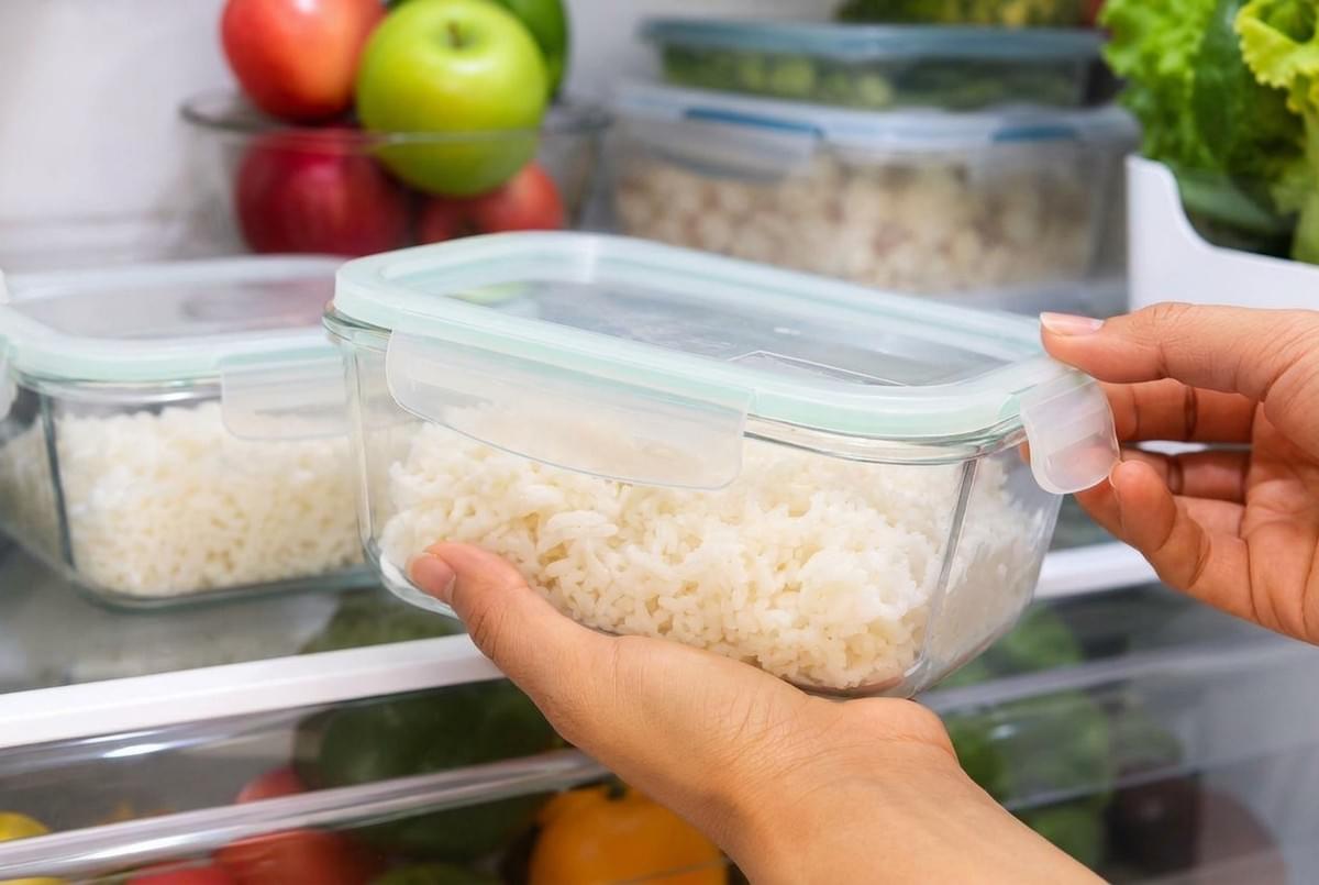 A hand placing a glass meal prep container filled with cooked white rice into a refrigerator.