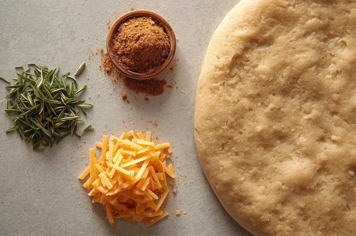 Overhead flat lay of ingredients for a savory pastry: a round disk of unbaked dough, piles of fresh rosemary, shredded cheddar cheese, and a bowl of ground spice (like cumin or pepper).