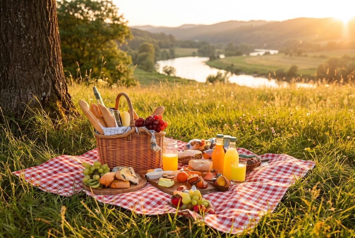 Woven picnic basket filled with baguettes and grapes on a blanket spread with cheese, fruit, and juice in a sunlit field. 