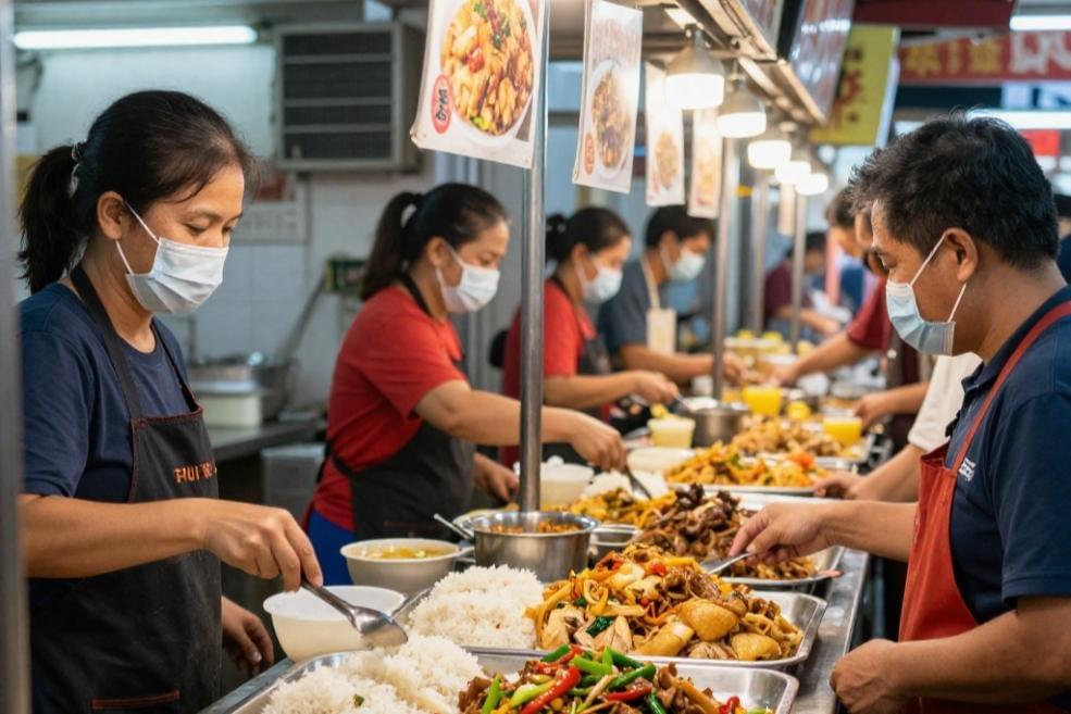 A photo of a group of people serving morning dishes to the public in a crowded Singapore Hawker Food Center.