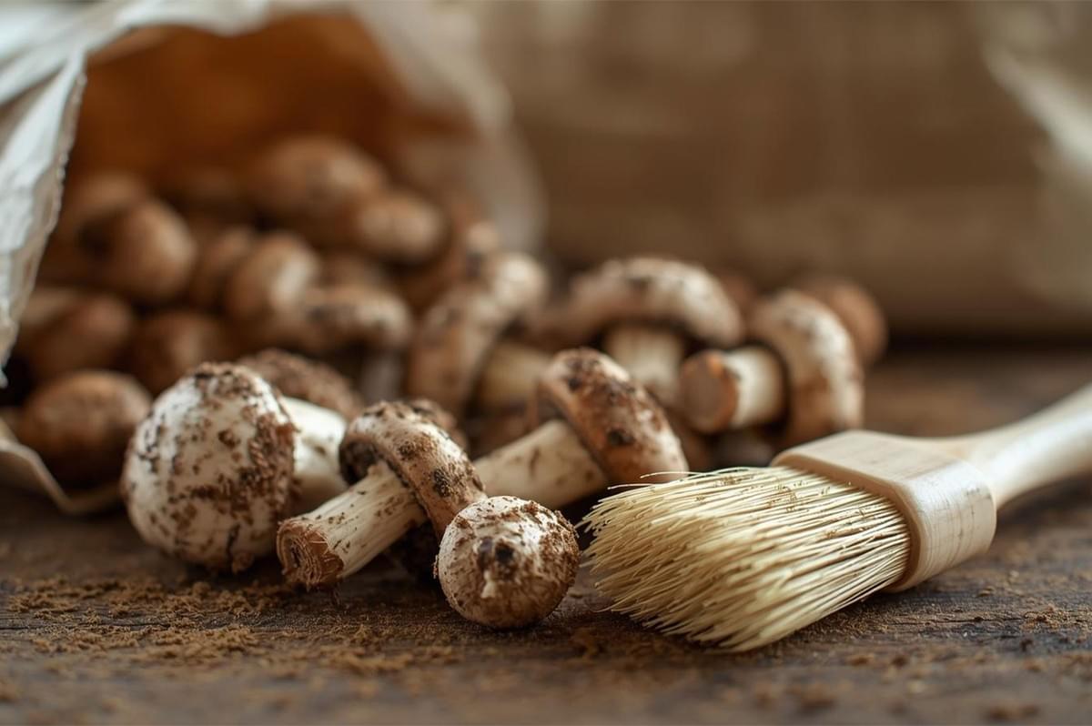 Close-up of fresh, earthy button or cremini mushrooms spilled from a paper bag onto a dark wooden surface, with a small mushroom cleaning brush in the foreground.