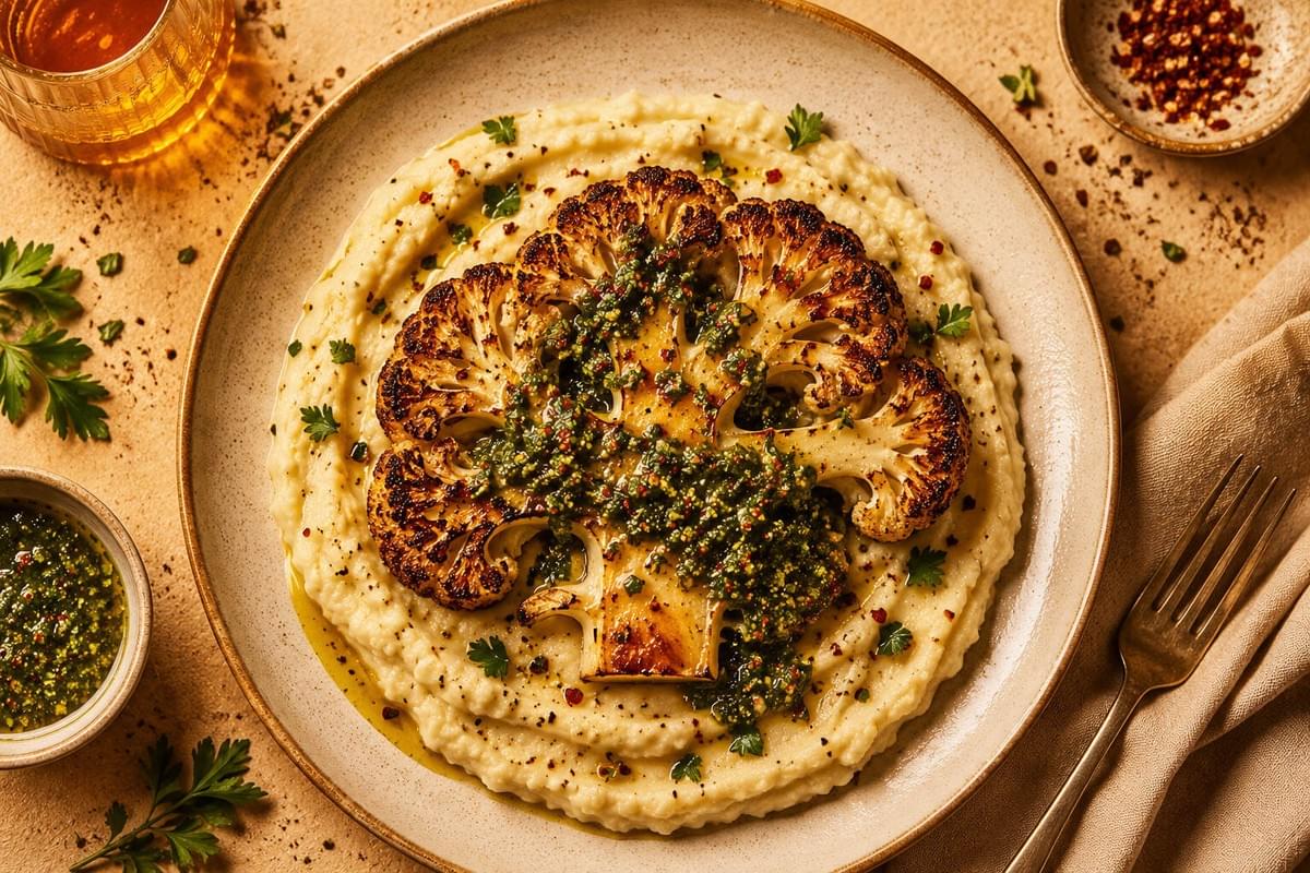 An overhead shot of a charred cauliflower steak topped with green chimichurri sauce, served on a bed of creamy purée.
