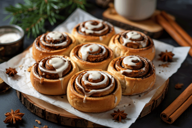 A cozy arrangement of seven glazed cinnamon rolls on parchment paper, garnished with star anise and cinnamon sticks for a rustic, festive look.