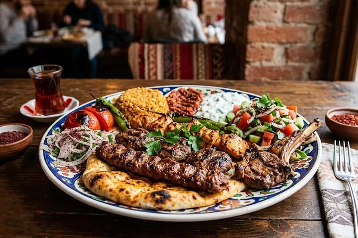 Mixed Middle Eastern grill platter with kebabs, lamb chops, rice, salad, flatbread, and Turkish tea in a restaurant setting.