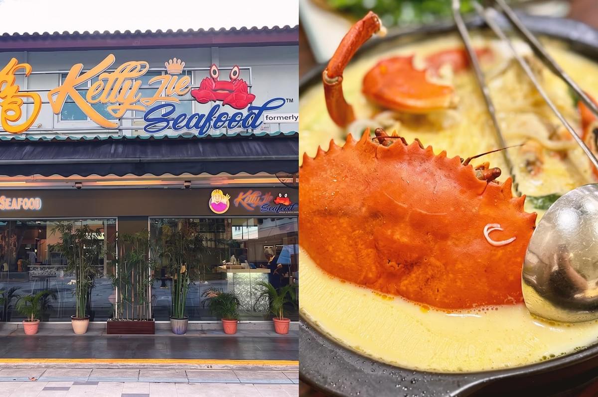 Collage of Kelly Jie storefront and creamy crab bee hoon soup combined with vegetables and a ladle on top