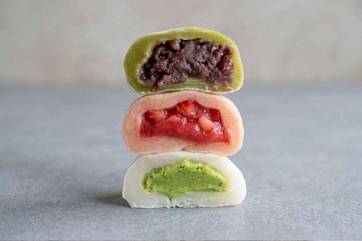 Three mochi halves stacked showing fillings - green matcha with red bean, pink strawberry, white with matcha cream