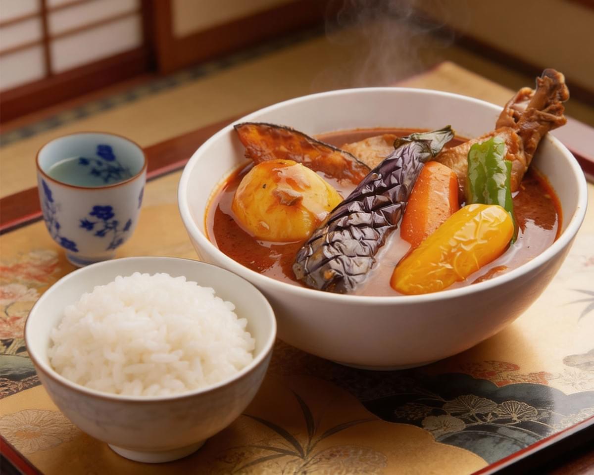 Hokkaido soup curry served alongside fluffy steamed rice, allowing the fragrant, spiced broth to be enjoyed with every bite.