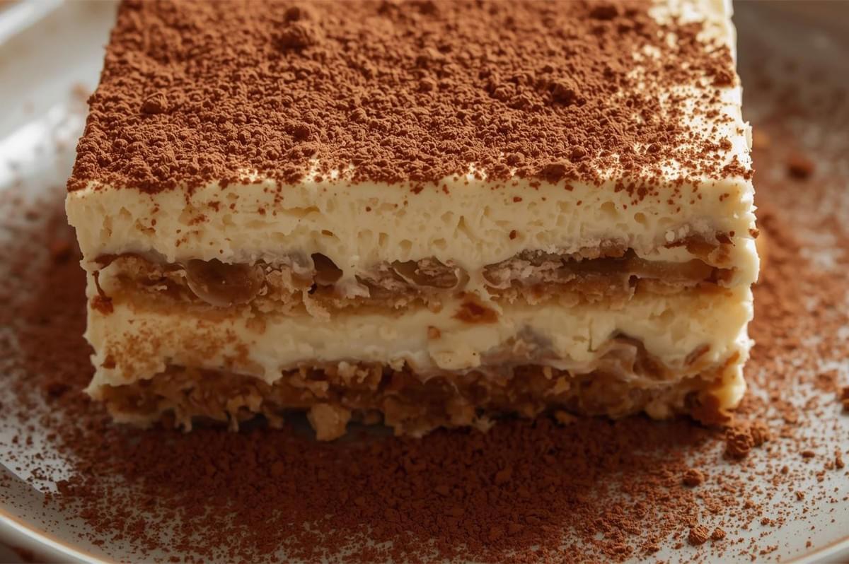 Close-up of a classic slice of tiramisu showing the distinct layers of coffee-soaked ladyfingers and creamy mascarpone filling, finished with a heavy dusting of cocoa powder.