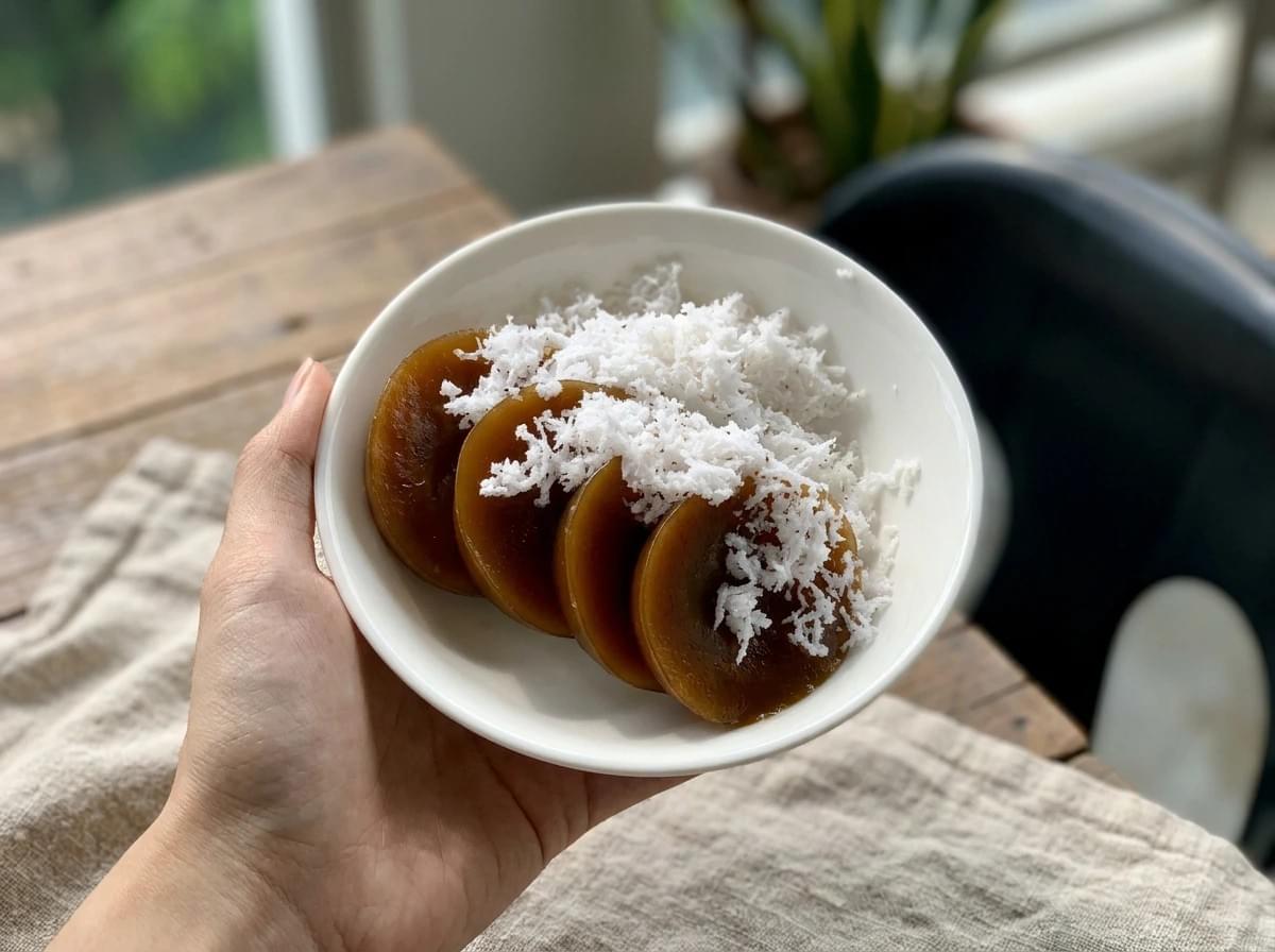 Hand holding a white bowl filled with sliced kutsinta and grated coconut.