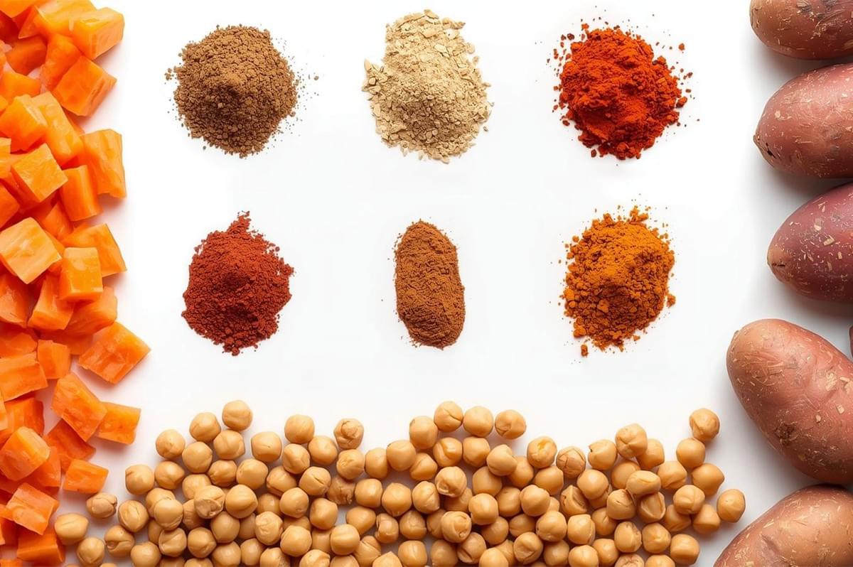 Overhead flat lay of tagine ingredients on a white background: diced sweet potato, whole chickpeas, raw sweet potatoes, and six piles of colorful spices including paprika, ginger, and cinnamon.