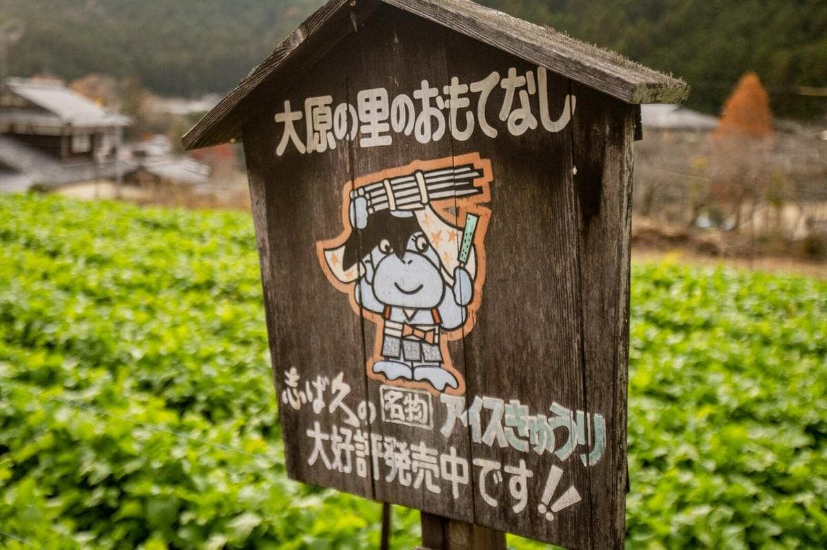 A colorful sign in Japan displaying a cartoon character, aimed at vegan expats navigating local culture.
