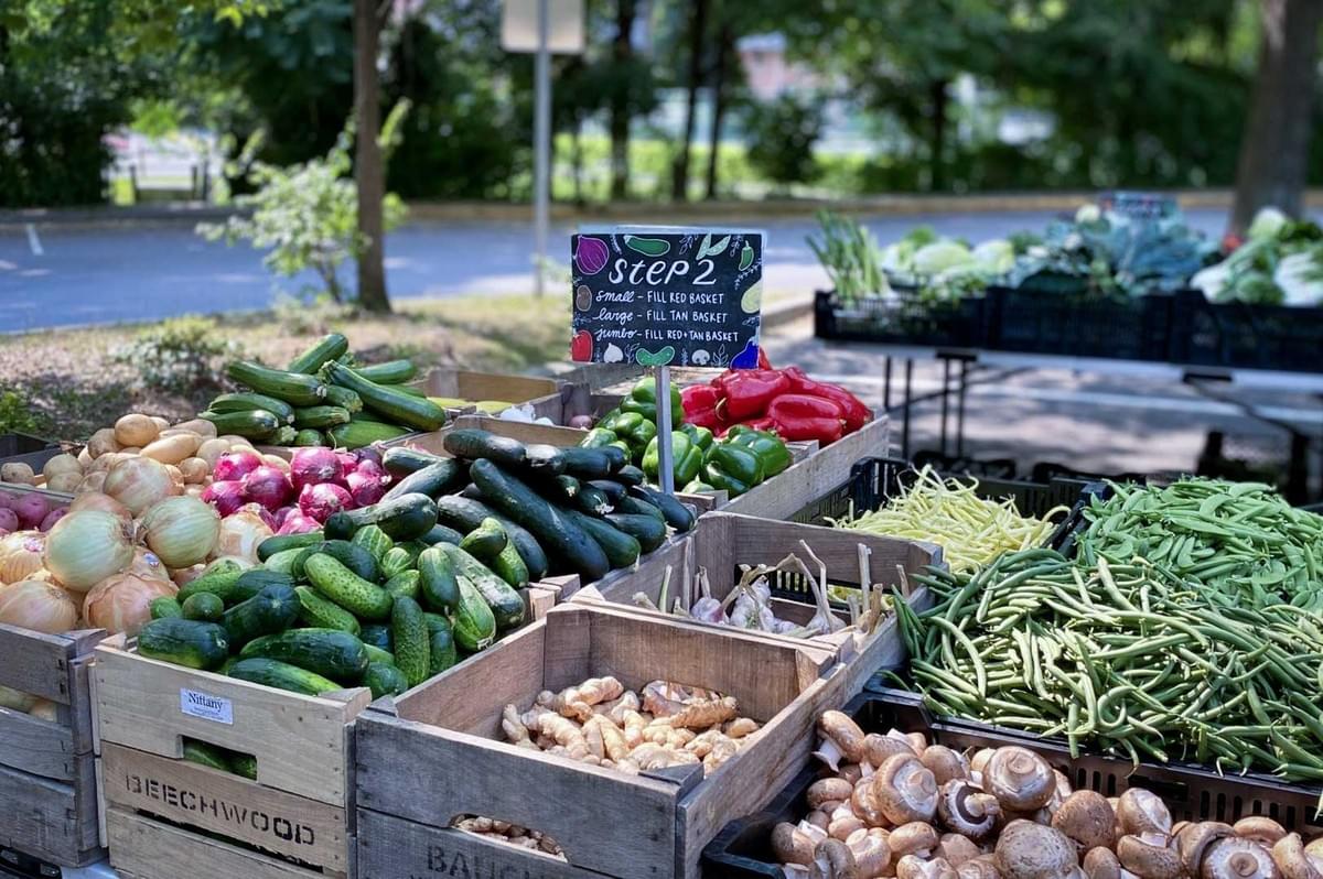 Outdoor farm stand featuring crates of fresh vegetables such as cucumbers, onions, peppers, mushrooms, and green beans.