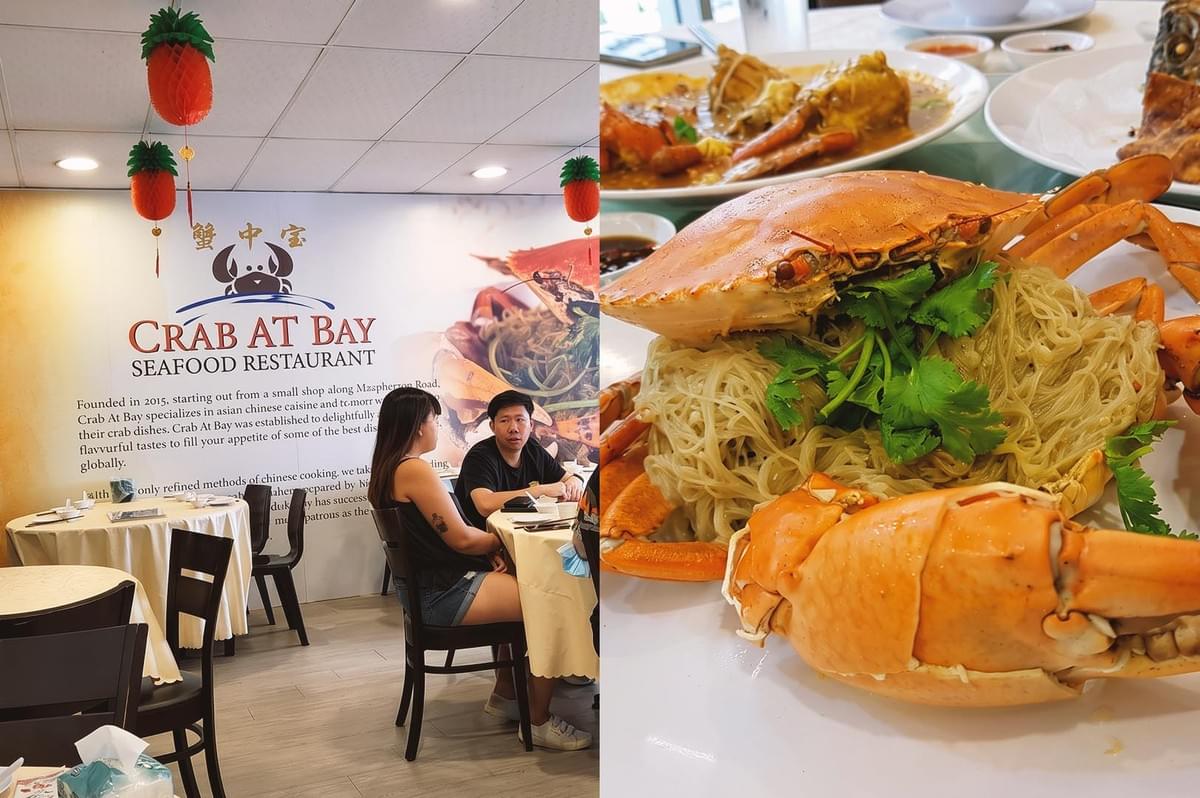 Collage of Crab at Bay Seafood Restaurant interior and plain crab bee hoon garnished with parsley