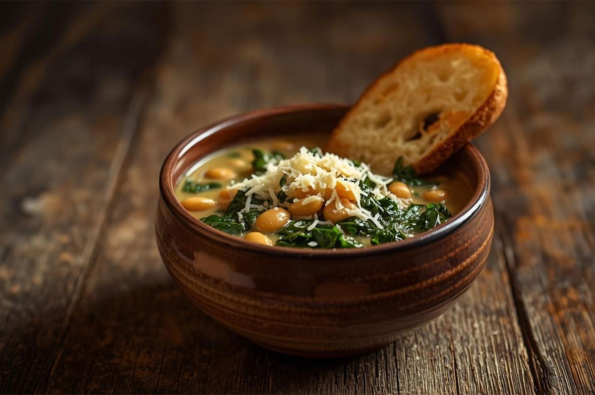 A dark, rustic bowl of creamy Tuscan white bean soup with kale, topped with grated Parmesan cheese and served with a slice of toasted bread on a wooden table.