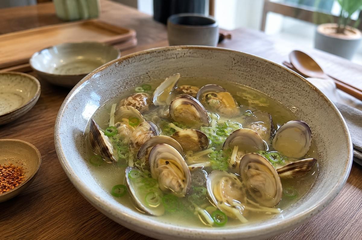 An overhead, angled shot highlights a completed bowl of steamed clams served on a warm wooden dining table. The wide ceramic bowl holds the open clams, clear broth, sliced green scallions, and julienned ginger, presented as a finished meal ready to eat. In the soft-focus background, additional empty ceramic bowls, a small dish of red spice, a set of wooden chopsticks, and a wooden spoon are neatly arranged, creating an inviting restaurant or home-dining atmosphere.
