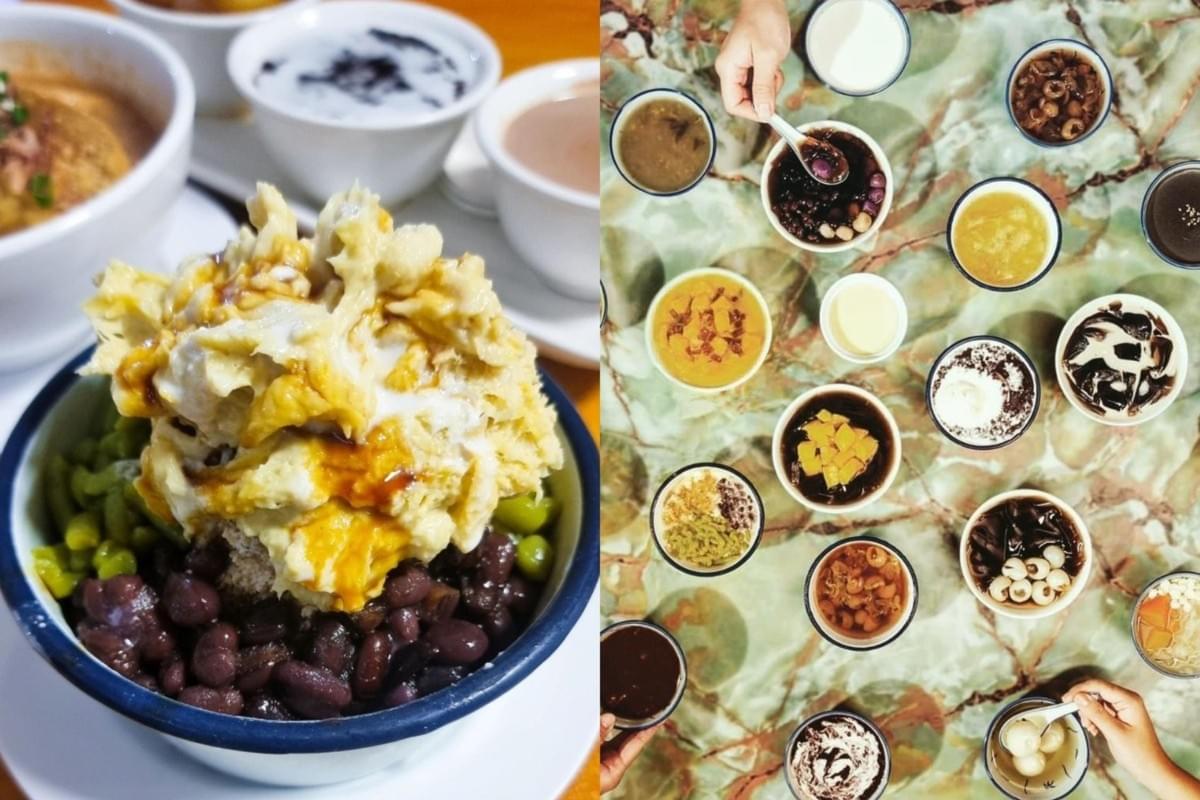 A split image highlights a variety of colorful East Asian desserts, featuring a close-up of a shaved ice bowl piled high with durian fruit, red beans, and syrup on the left. The right side shows an overhead view of numerous small bowls filled with different traditional sweet soups, jellies, and puddings arranged on a green marbled tabletop.