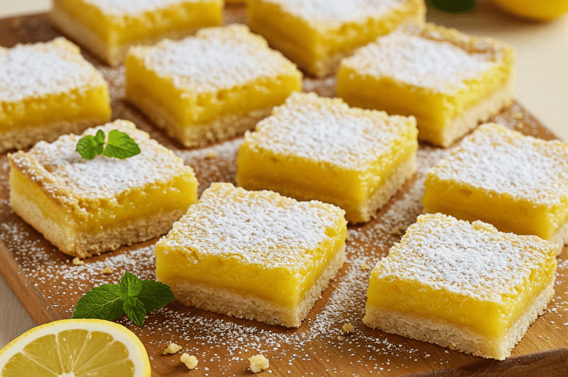 A wide overhead shot of many lemon bars neatly arranged on a wooden serving board. The bars are garnished with fresh mint leaves and surrounded by scattered powdered sugar and a sliced lemon, emphasizing a party-ready presentation.