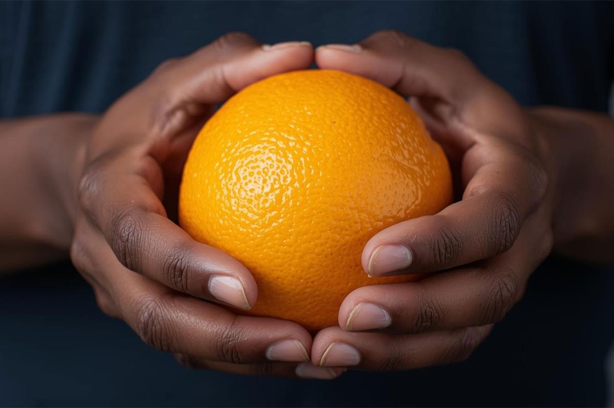 Close-up of dark hands gently cupping and holding a single, bright, perfectly round whole orange with a textured peel, against a dark, neutral background.
