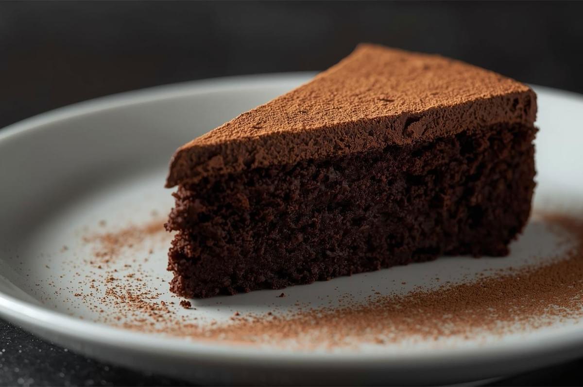 Close-up of a dark, rich slice of flourless chocolate cake or torte, lightly dusted with cocoa powder, served on a white plate.