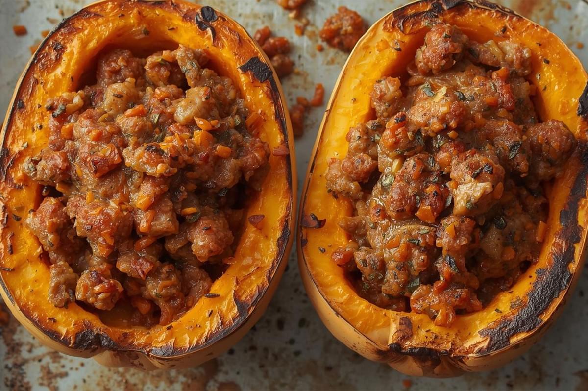 A close-up of two halves of baked and roasted butternut squash shells, generously filled with a savory mixture of cooked ground sausage and vegetables.