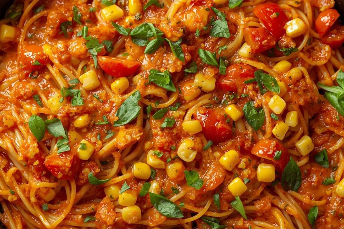 A macro shot of a pasta dish (likely spaghetti) coated in a thick, chunky red sauce made with fresh tomatoes, bright yellow sweet corn kernels, and generous amounts of chopped basil.