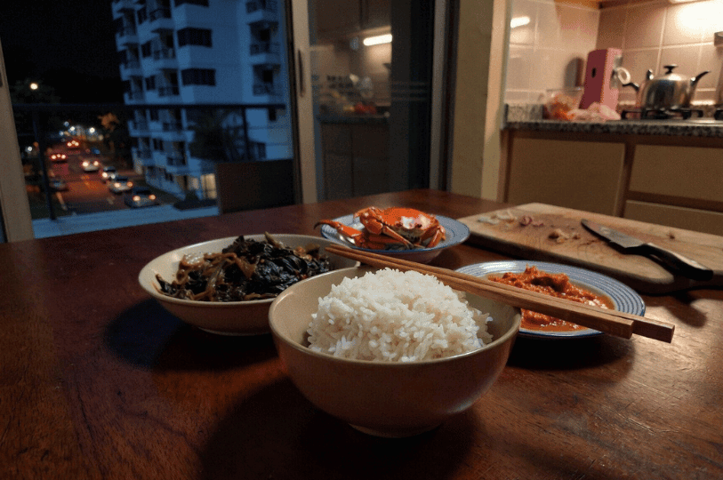 A home-cooked Asian dinner featuring a bowl of white rice, stir-fried vegetables, and chili crab on a wooden table, overlooking a city skyline at night from a balcony.